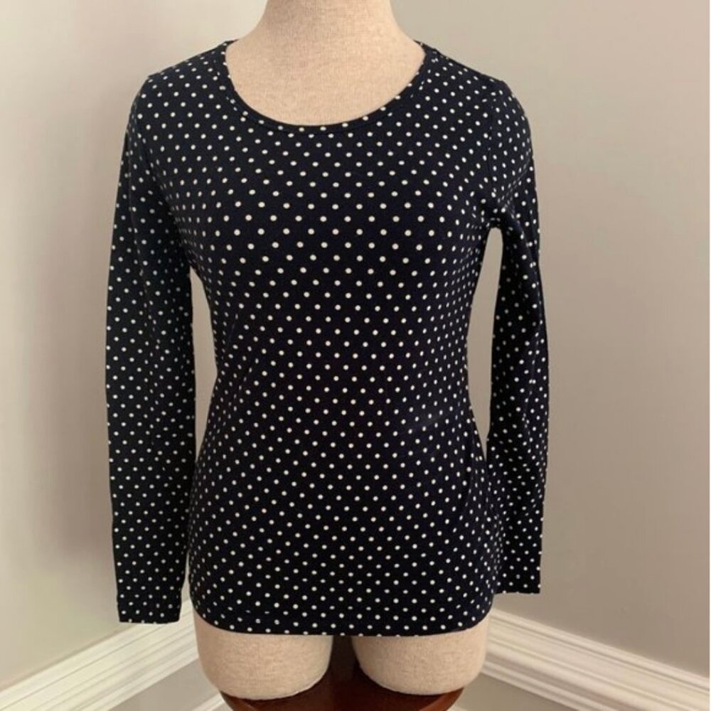 Talbots Polka Dot Shirt Long Sleeve Navy Blue and White Size Petite